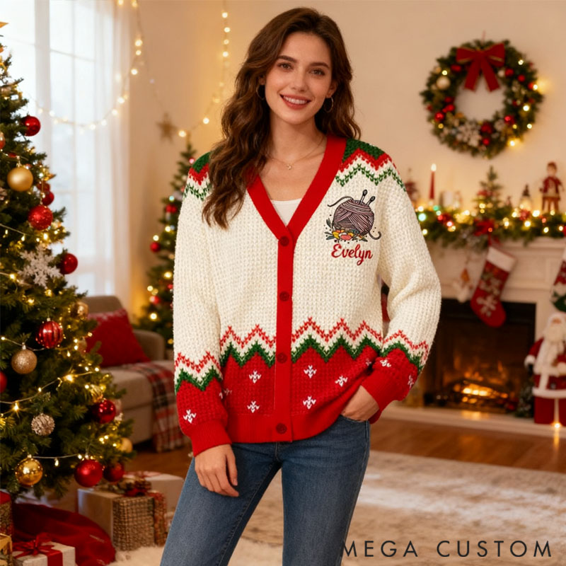 Personalized Custom Knitting Cardigan Sweater Christmas Knitting Lovers Custom Name Gift for Her