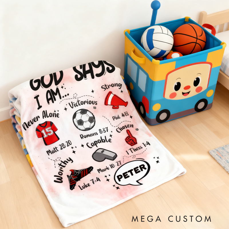 Personalized Football God Says I Am Soft Throw Blanket with Bible Verse Home Decor Birthday Gift for Boys Girls