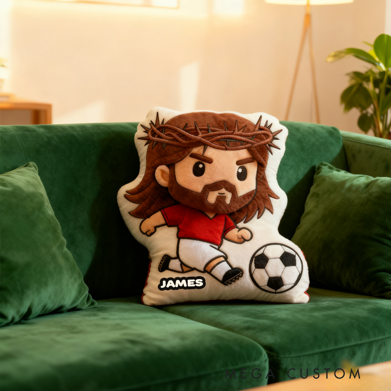 Personalized Cartoon Football Jesus Pillow with Custom Name Home Decor Religious Gift Catholic for Kids