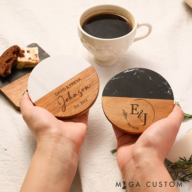 Personalized Wooden and Marble Coasters Custom Wedding Gift Coasters Engraved Wood Anniversary Gift Coaster for Couple Engagement Valentines Gift