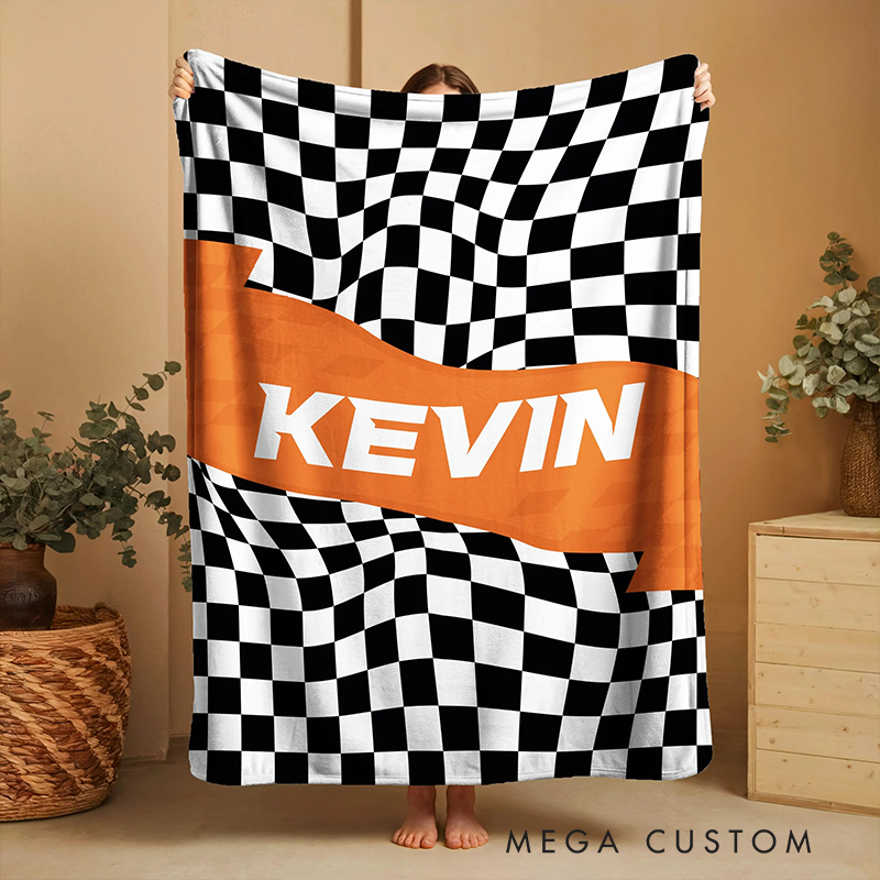 Personalized checkered Flag Blanket Custom Name Blanket Gift for Racer and Racing Lovers