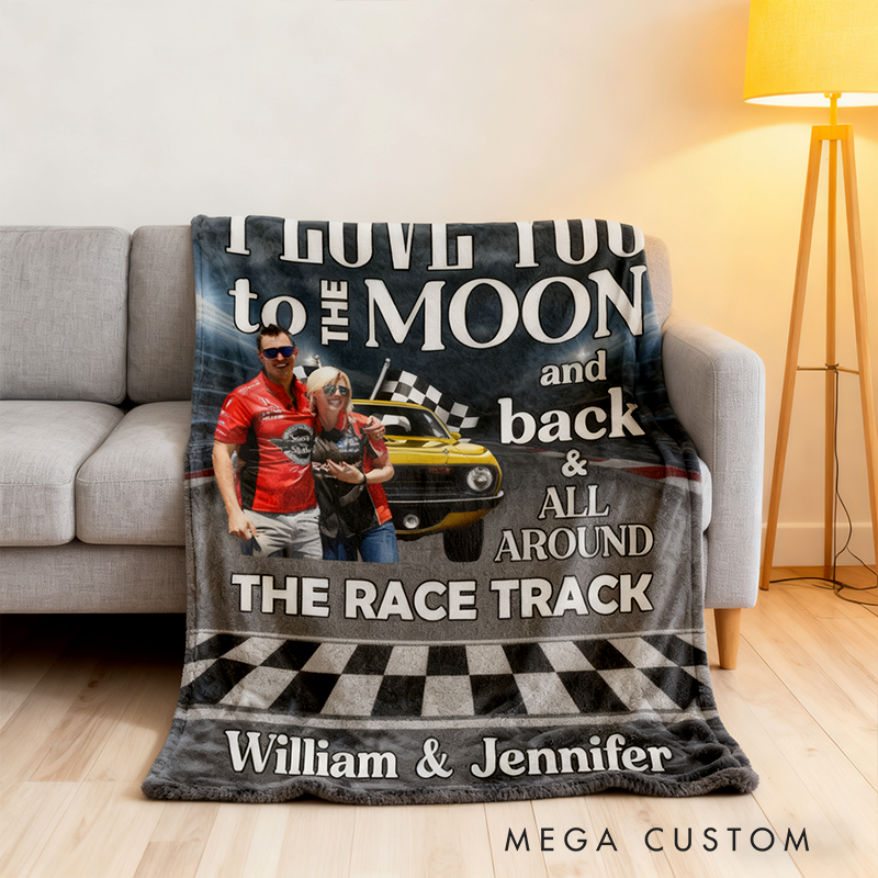 Personalized Racing Couple Blanket Custom Photo and Car Design I Love You to The Moon and Back Race Track Gift for Racers and Racing Lovers
