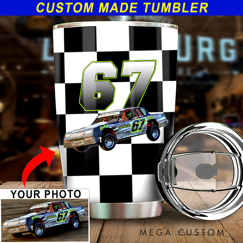 Personalized Dirt Track Racing Tumbler Custom Photo and Number Stainless Steel Travel Mug Gift for Racers and Racing Lovers
