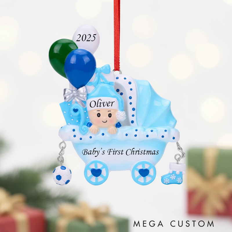Personalized Baby’s First Christmas Ornament 2025 Pink and Blue Baby Carriage Decoration