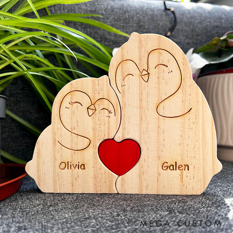 Personalized Wooden Penguin Couple Puzzle Custom Name Fat Penguin Couple Wedding Gift for Wife Husband