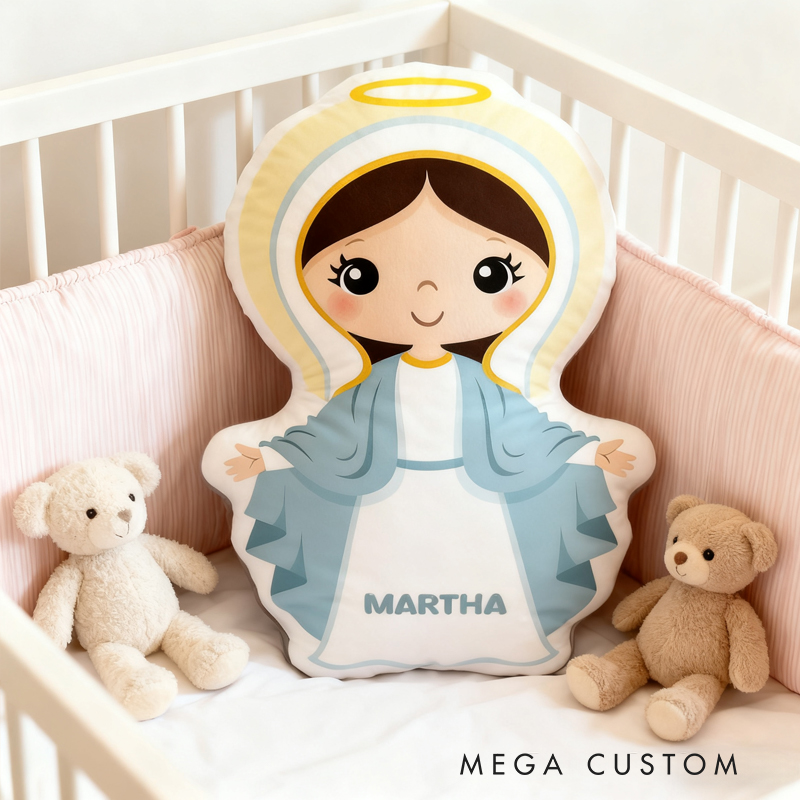 Personalized Cartoon Vergin Mary Pillow with Name Home Decor Religious Gift Catholic for Kids