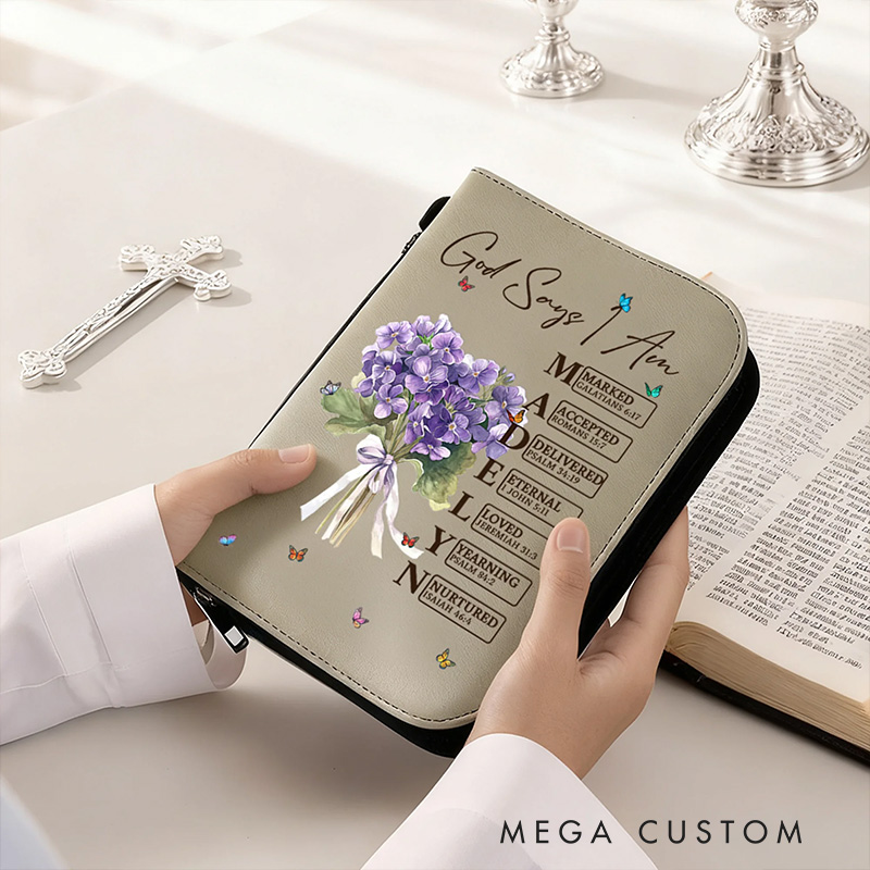 Personalized Multicolor Birth Flower Bouquet Bible Verses PU Leather Book Cover with Name Birthday Baptism Gift for Christian Women