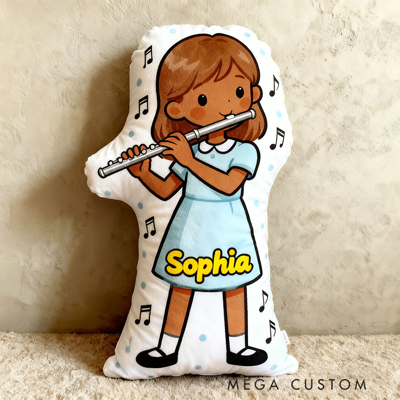 Personalized Flute Pillows with Customizable Skin Tone Hair Color and Name Soft Stuffed Toy for Kids Flute Lovers for Girls' Room and Music Room