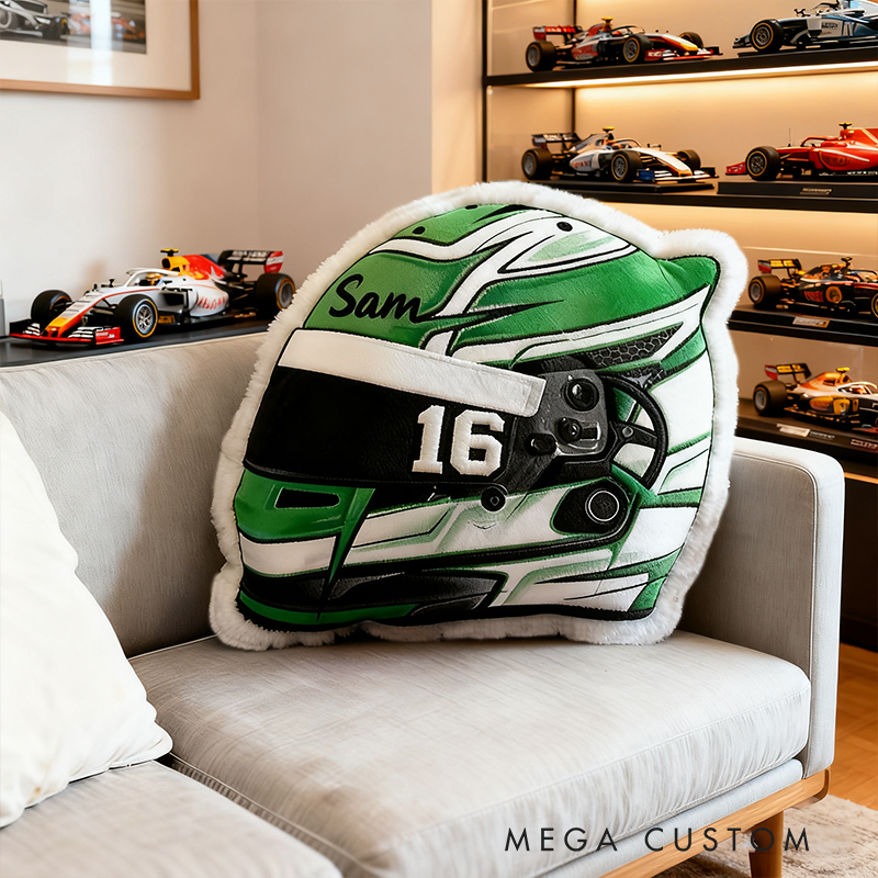Personalized Racing Helmet Shaped Pillow Custom Name Race Car Design Cushion Gift for Motorsports and Racing Lovers