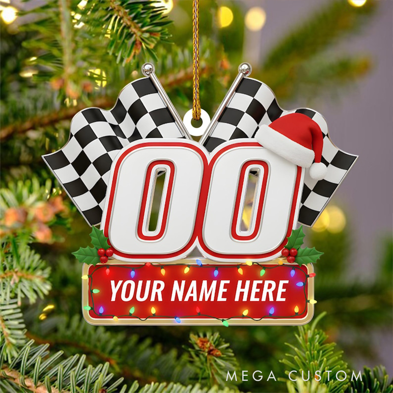 Personalized Racing Christmas Ornament Custom Name and Number Checkered Flag Decoration Gift for Car Lovers and Motorsports Fans
