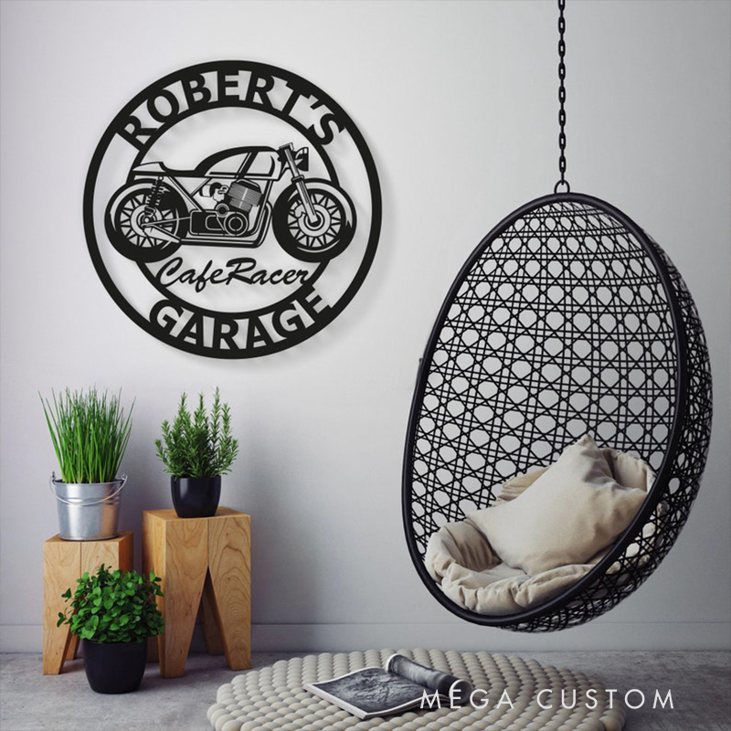 Personalized Cafe Racer Garage Metal Sign Custom Round Motorcycle Wall Art with Name Biker Workshop Decor Gift for Motorcycle Racer and Motorbike Lovers