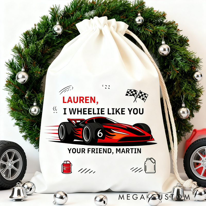 Personalized Racing Gift Sack Custom Name and Message Race Car Drawstring Bag Christmas Gift Bag for Racing and Car Lovers