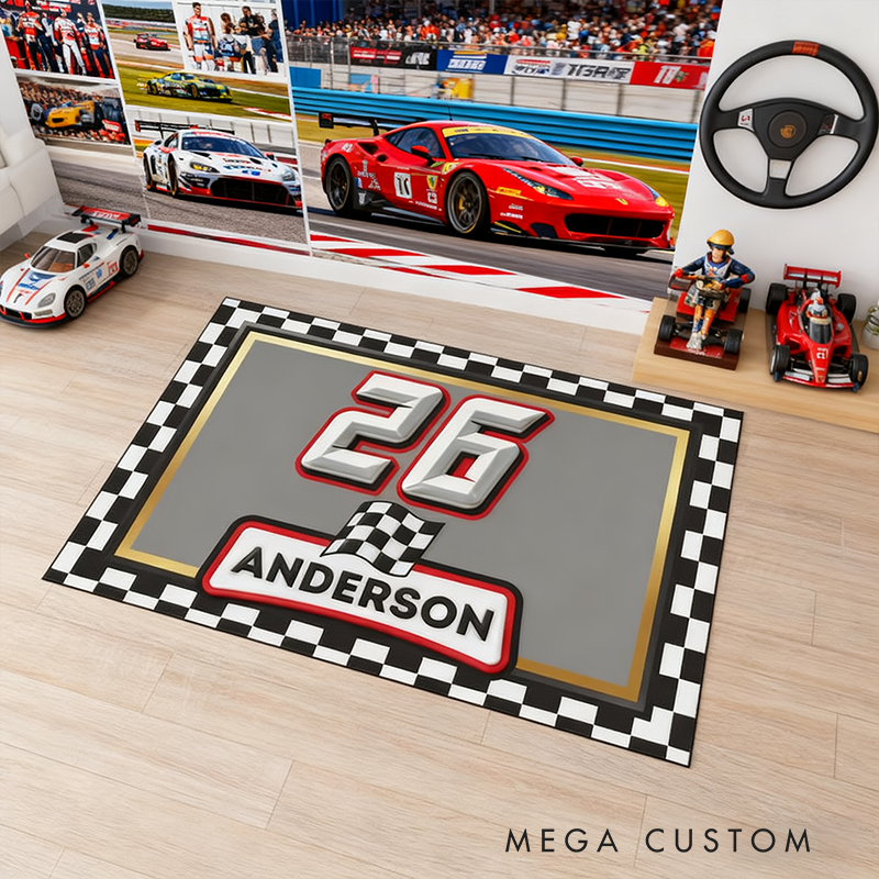 Personalized Racing Doormat Custom Name and Number Checkered Flag Floor Mat Gift for Car Lovers and Motorsport Fans