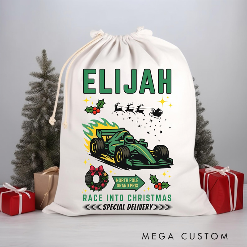 Personalized Racing Christmas Sack Custom Name and Car Color Gift Bag for Racing and Car Lovers
