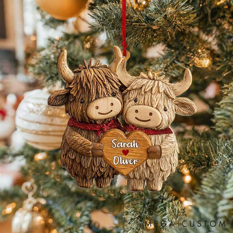 Personalized Couple Highland Cow Christmas Tree Ornament Decoration with Names for Lover Keepsake Gift for Husband Wife