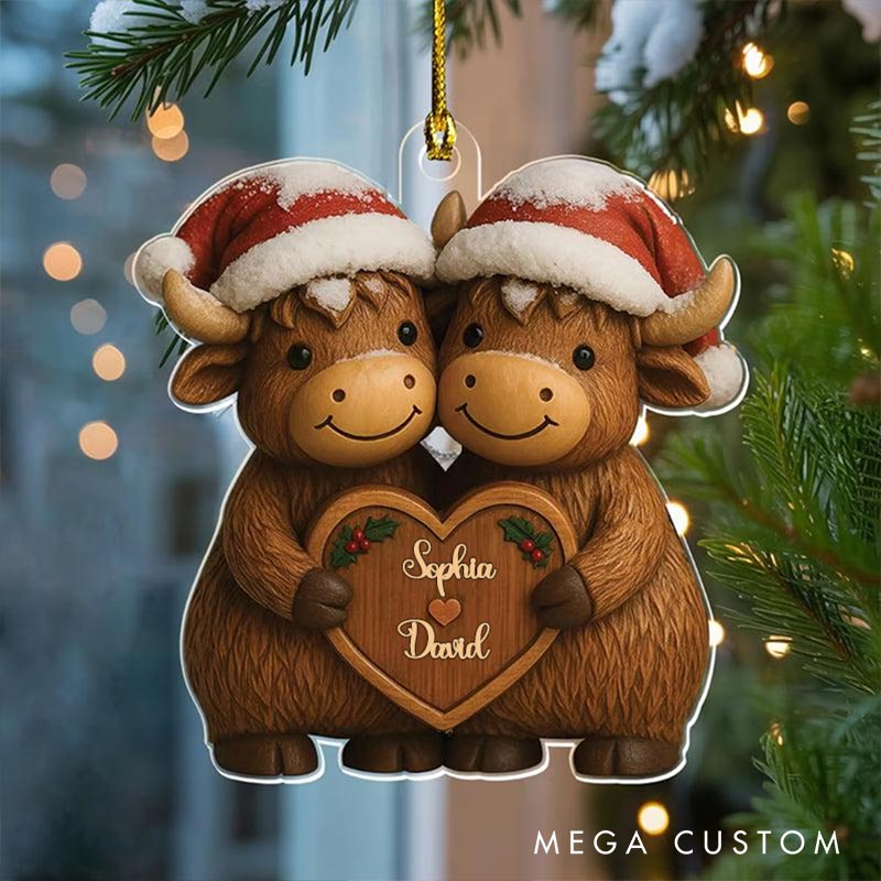 Personalized Couple Highland Cow Christmas Tree Ornament Decoration with Names Santa hat Highland Cow Chrismas Gift for Husband Wife