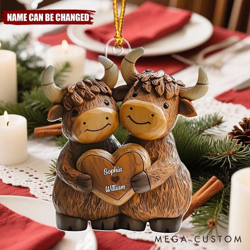 Personalized Couple Highland Cow Christmas Tree Ornament Decoration with Names Chrismas Gift for Husband Wife Gift for Couple