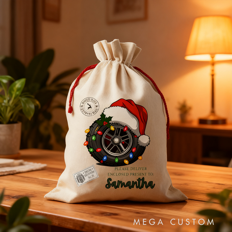 Personalized Racing Christmas Sack Custom Name Christmas Gift Bag for Car Lovers and Motorsport Fans