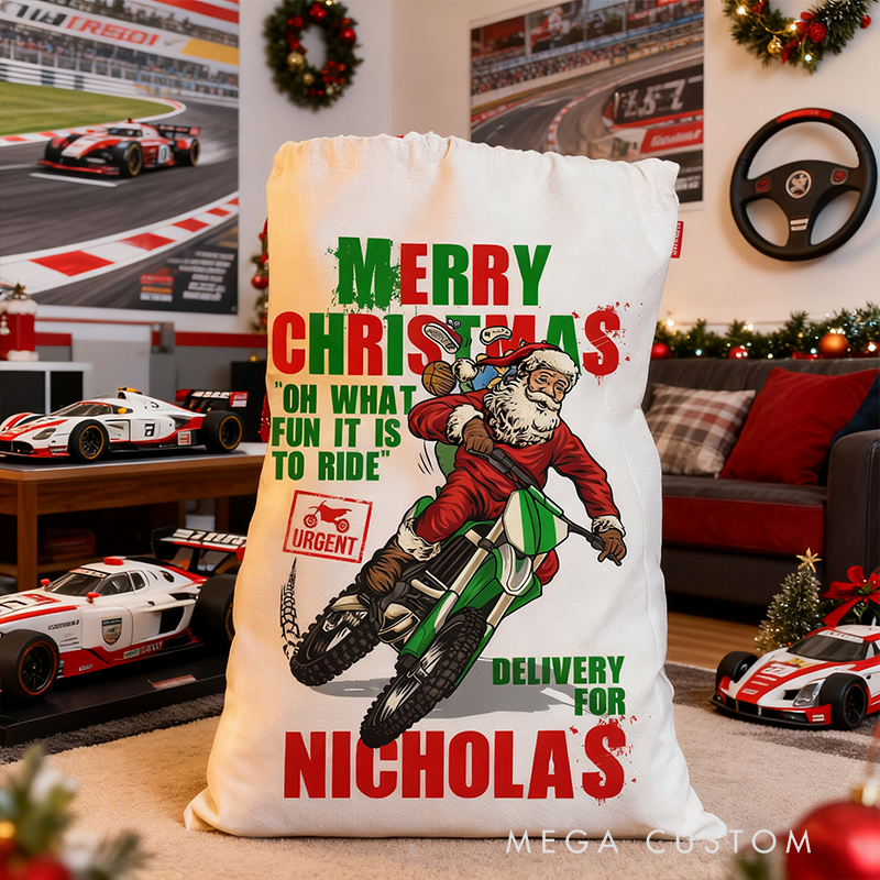 Personalized Motorcycle Santa Christmas Sack Custom Name Gift Bag for Bikers and Racing Lovers