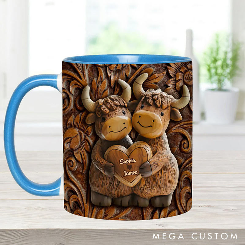 Personalized Highland Cow Couple Mugs Costom Names Couple Gift Mug for Boyfriend Girlfriend Funny Couple Mugs