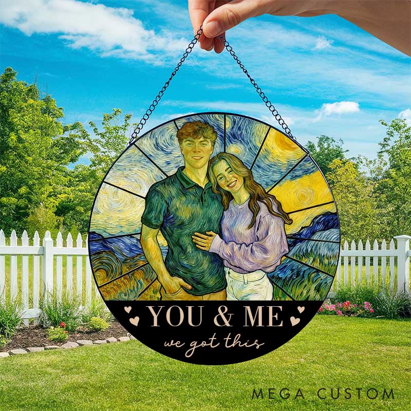Personalized Couple Starry Night Stained Glass Photo Suncatcher Newlyweds Portrait Window Decor Anniversary Gift for Husband Wife Boyfriend Girlfriend