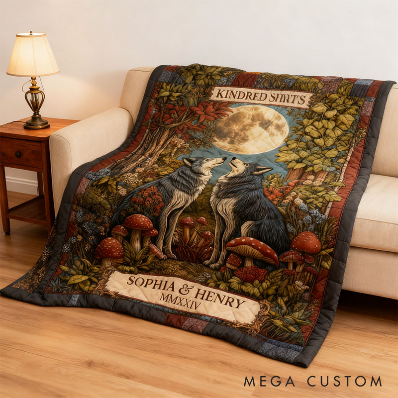 Personalized Couple Wolf Kindred Spirits Blanket Custom Newlyweds Name and Roman Numerals Blanket Valentine's Day Gift for Husband Wife Bride Groom