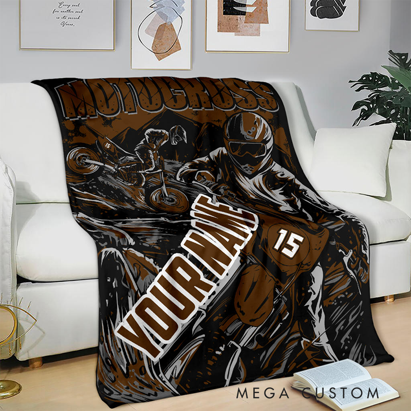 Personalized Motocross Blanket Custom Name and Number Dirt Bike Racing Gift for Motorcycle Lovers and Racing Fans