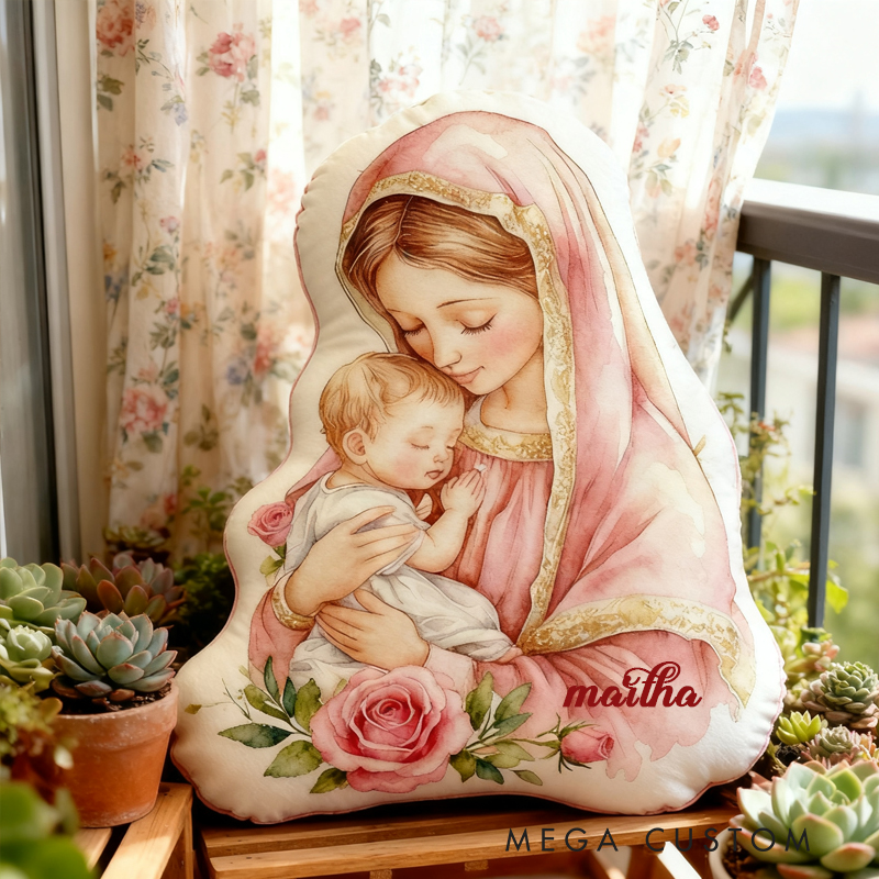 Personalized Virgin Mary Throw Pillow with Birthflower and Name Home Decor Religious Pillow Catholic Gift Faith Gift Mass Pillow