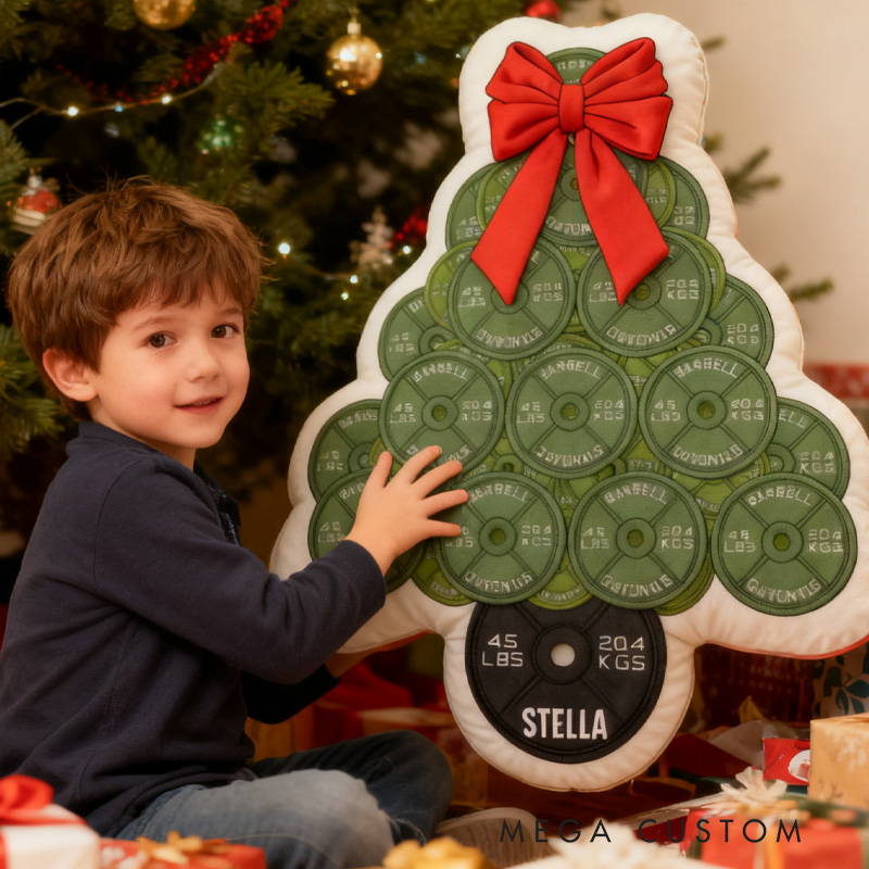 Personalized 45lb Plate Christmas Tree Plush Pillow Graphic 3D Print Gift Ideas Powerlifter Christmas Cute Gifts Custom Name Pillow Comfortable Christmas Decor for Gym Lovers