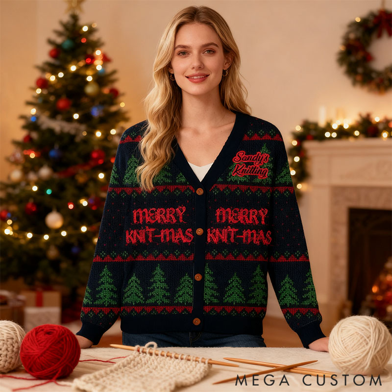 Personalized Custom Knitting Ugly Sweater Cardigan Christmas Knitting Lovers Merry Knit-mas Custom Name Gift for Her