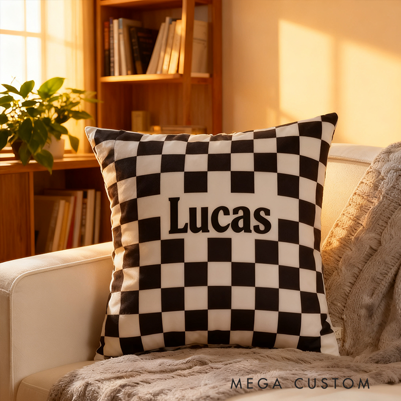 Personalized Checkered Flag Racing Throw Pillow Custom Name Black and White Cushion Gift for Racers and Racing Lovers
