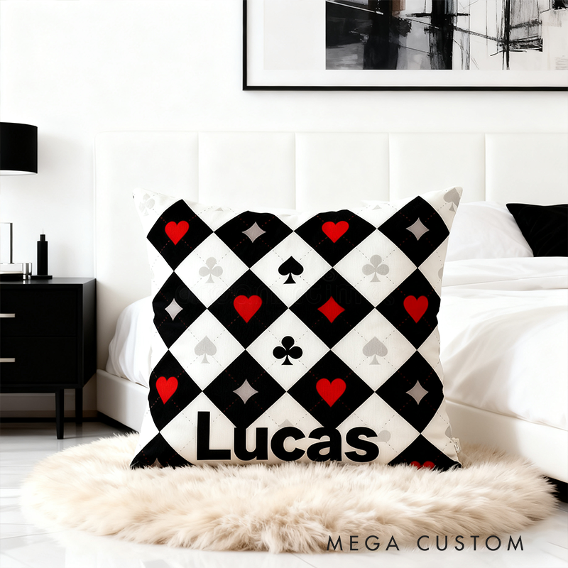 Personalized Checkered Racing and Poker Throw Pillow Custom Name Black White Cushion Gift for Car Lovers and Racing Enthusiasts