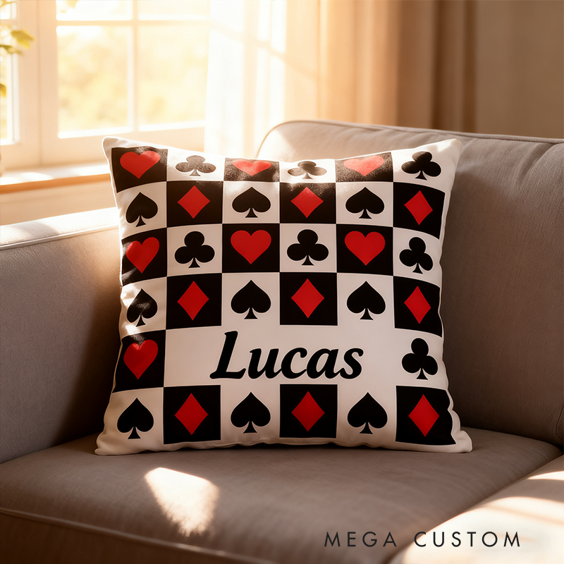 Personalized Poker and Racing Checkered Pillow Custom Name Black and White Throw Cushion Gift for Racers and Racing Lovers