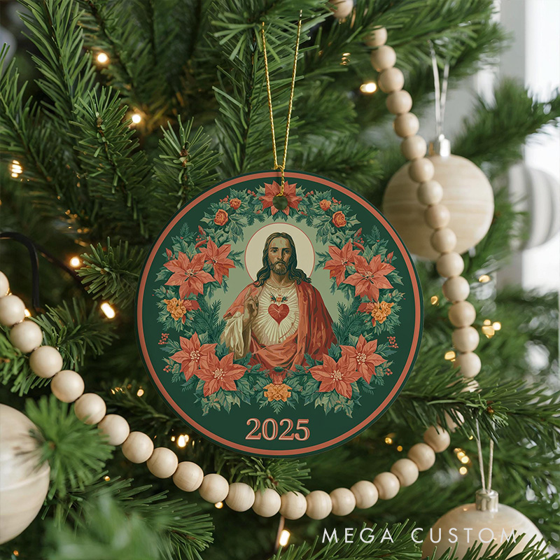 Personalized Sacred Heart of Jesus Ceramic Ornament with Year Religious Gift Christmas Home Decor Catholic Gift