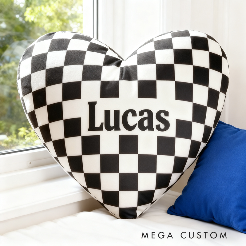 Personalized Heart Shaped Racing Checkered Pillow Custom Name Black and White Cushion Gift for Racing and Car Lovers