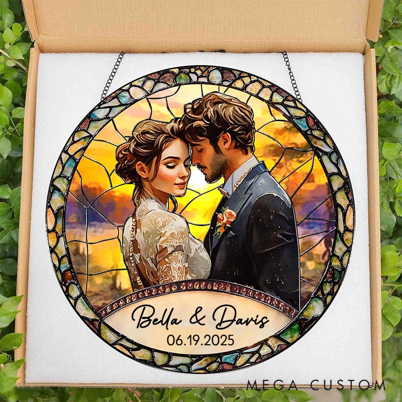Personalized Couple Stained Glass Photo Suncatcher Newlyweds Portrait Window Hanging Decor Anniversary Gift for Husband Wife Boyfriend Girlfriend