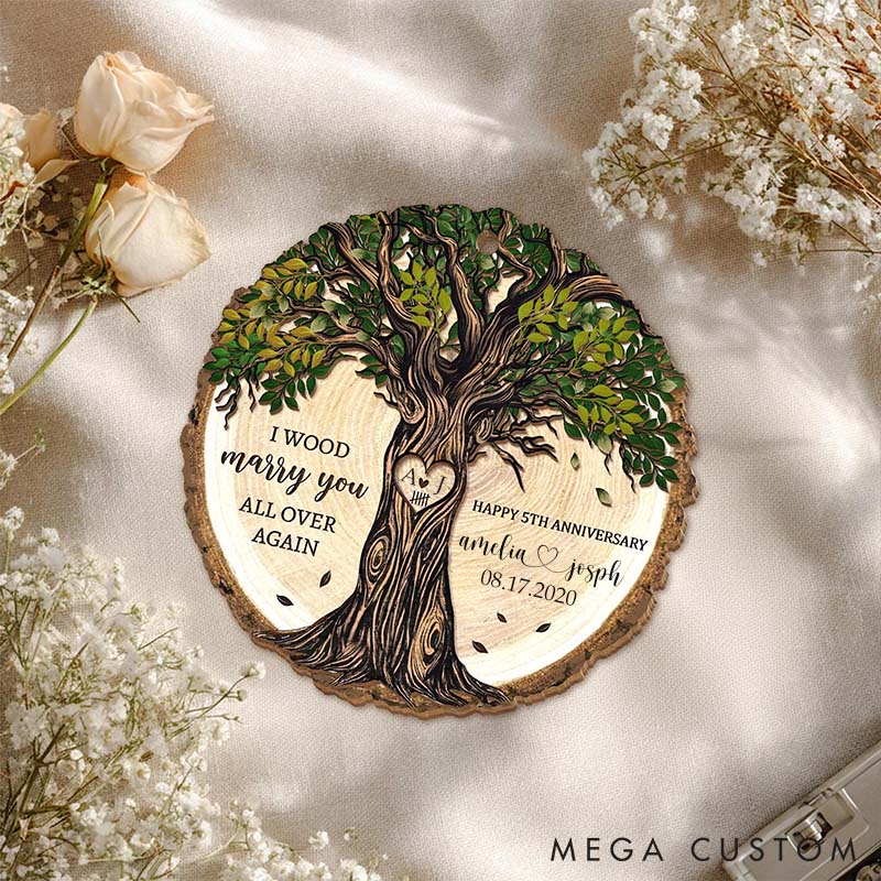 Personalized 5th Anniversary Wooden Ornament Wood Anniversary Gift for Couples Husband Wife 5 Years Anniversary Wood Ornament