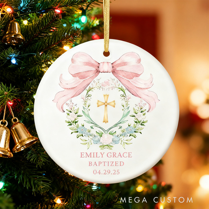 Personalized Cross Bow Ceramic Ornament with Name and Text Religious Gift Baptism Ornament Home Decor for Girls