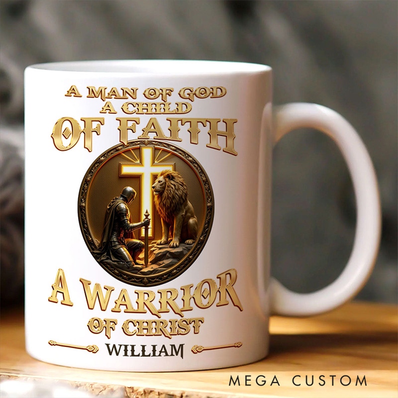 Personalized a Man of God Warrior of Christ Ceramic Mug with Name Religious Gift Christian Gift for Men