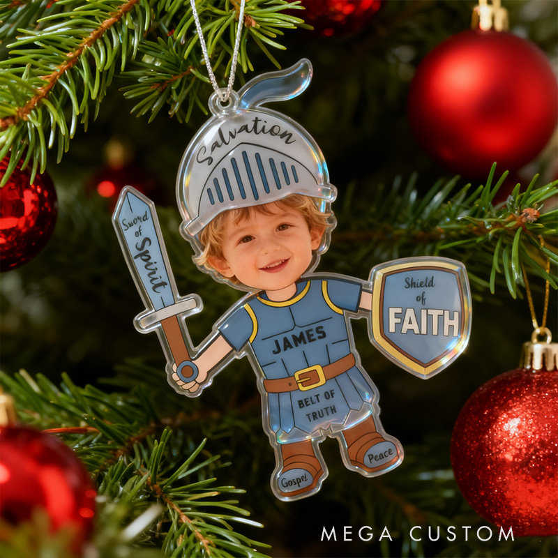Personalized Armor of God Acrylic Ornament with Photo and Name Holiday Tree Decor Christmas Keepsake Religious Christmas Gift for Boys