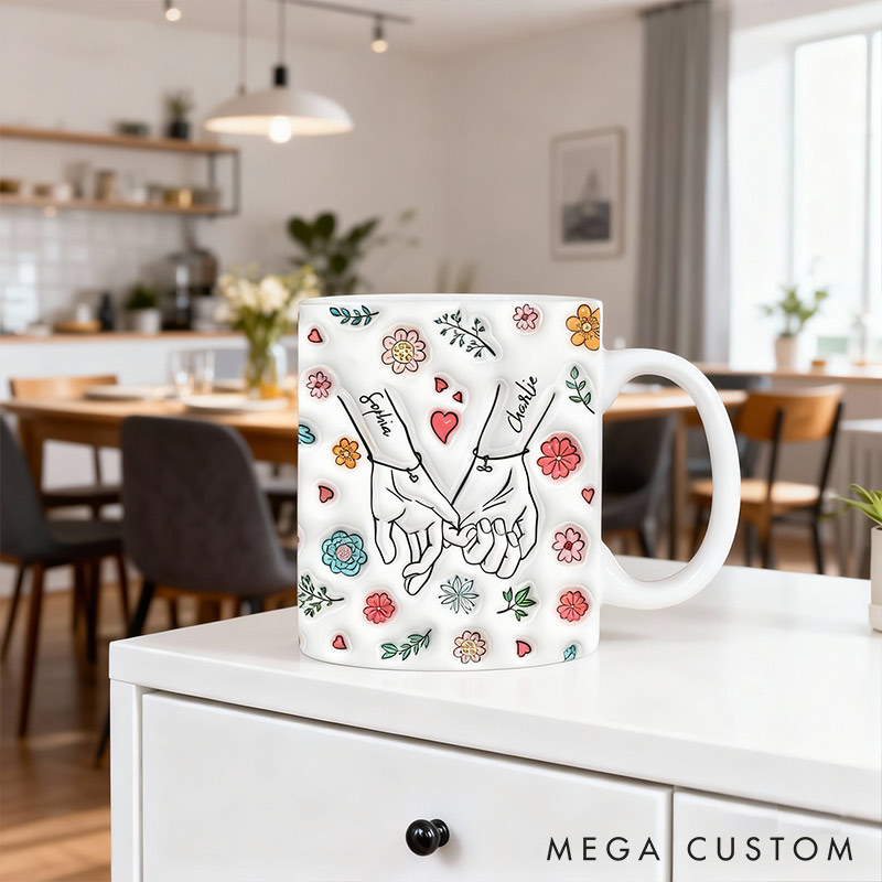 Personalized Couple Pinky Promise Mug Custom Names Mug 3D inflated Effect Printed Mug Anniversary Gift For Husband Wife for Her Him