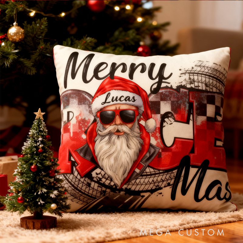 Personalized Merry Race Mas Pillow Custom Name Racing Santa Claus Christmas Throw Pillow Gift for Racers and Car Lovers