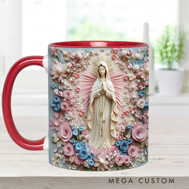Personalized Floral Serenity of Mary Ceramic Mug with Name Religious Inspirational Gift Catholic Gift for Women