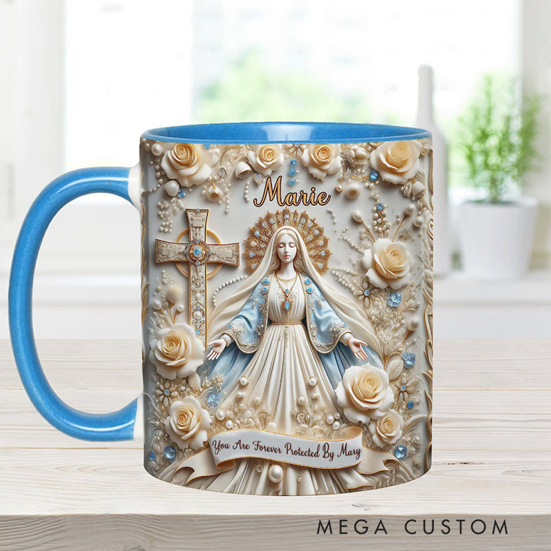 Personalized you are Forever Protected by Mary Ceramic Mug with Name Religious Inspirational Gift Catholic Gift for Women