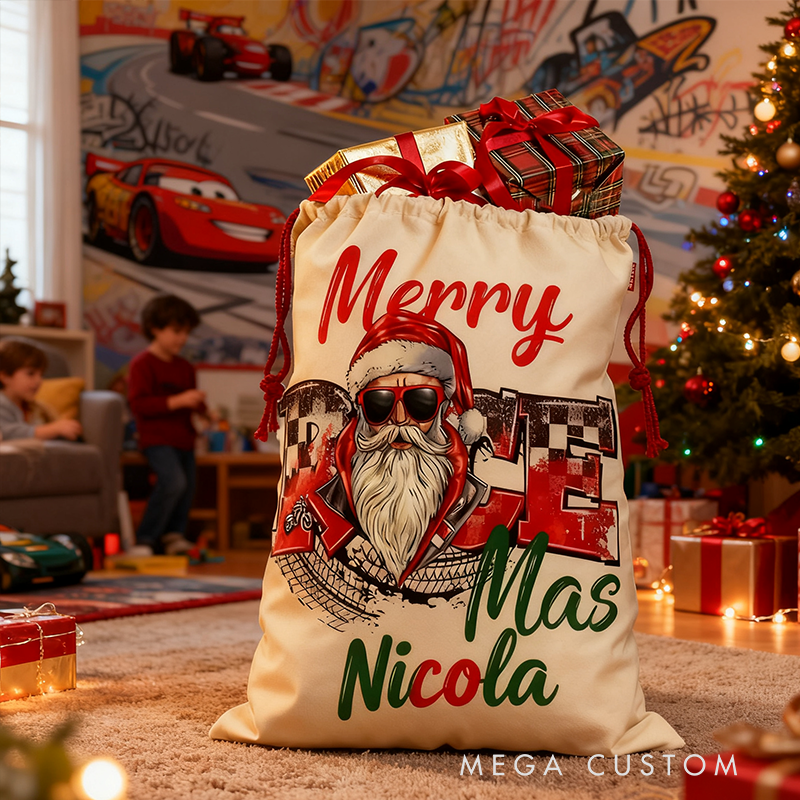 Personalized Merry Race Mas Santa Sack Custom Name Racing Christmas Gift Bag for Racers and Racing Lovers