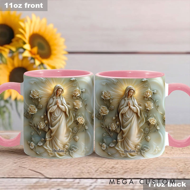 Personalized Virgin Mary Floral Ceramic Mug with Name Religious Inspirational Gift Catholic Gift for Women