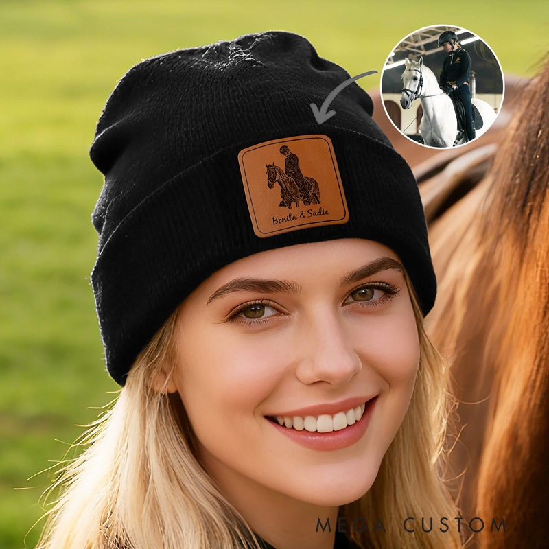 Personalized Leather Patch Beanie Classic Winter Hat Multicolor Rider Photo Knitted Beanie Hat with Name Daily Accessories Birthday Gift for Cycling Lovers Riders