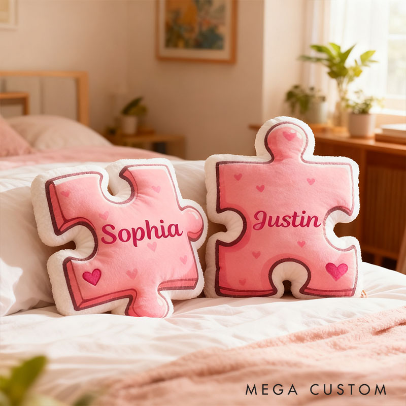 Personalized Girlfriend Pink Heart Puzzle Piece Pillow Custom Wife Name Cushion Valentine's Day Pillow for Husband Wife Christmas Gift for Him Her
