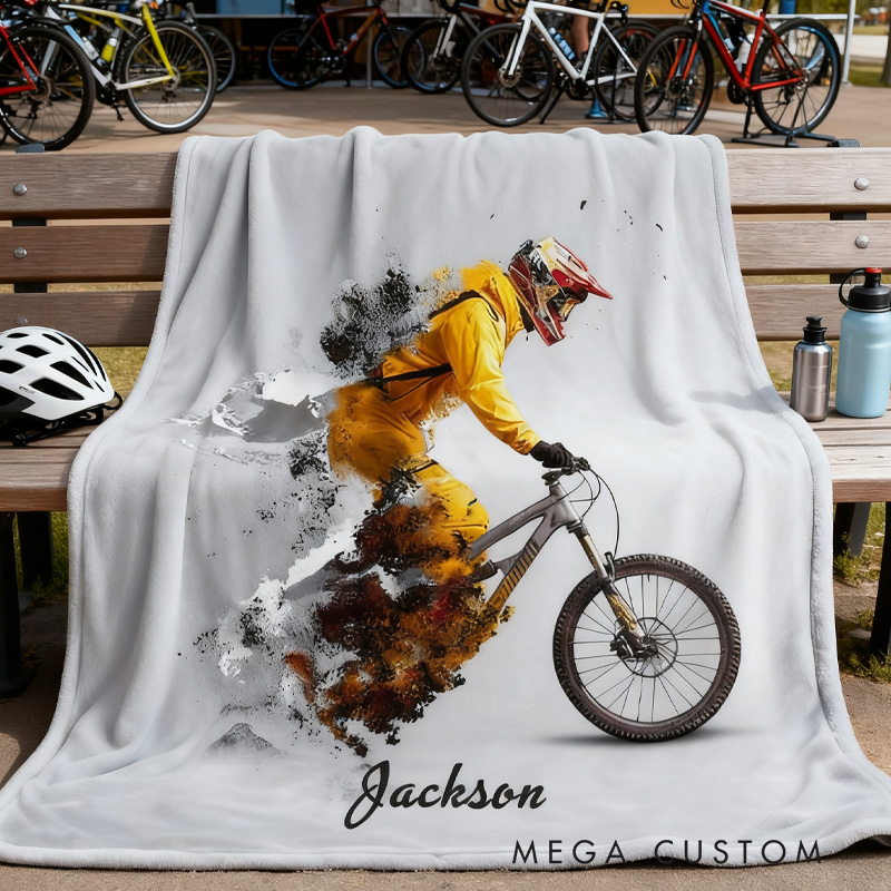 Personalized Mountain Bike Sherpa Blanket Explosion Dynamic Cycling Art Throw Blanket Bike Racing Birthday Cycling Gifts