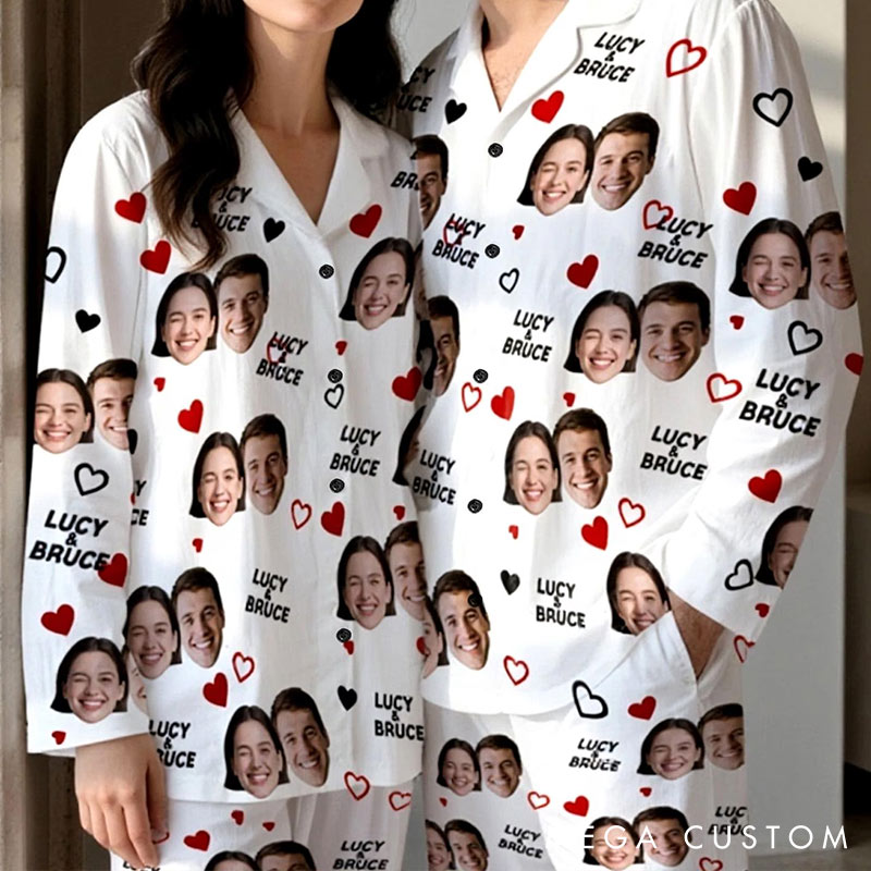 Personalized Couple Face Photo Pajamas Set Costom Name Photo Valentine's Day Heart Pajamas for Boyfriend Girlfriend for Wife Husband